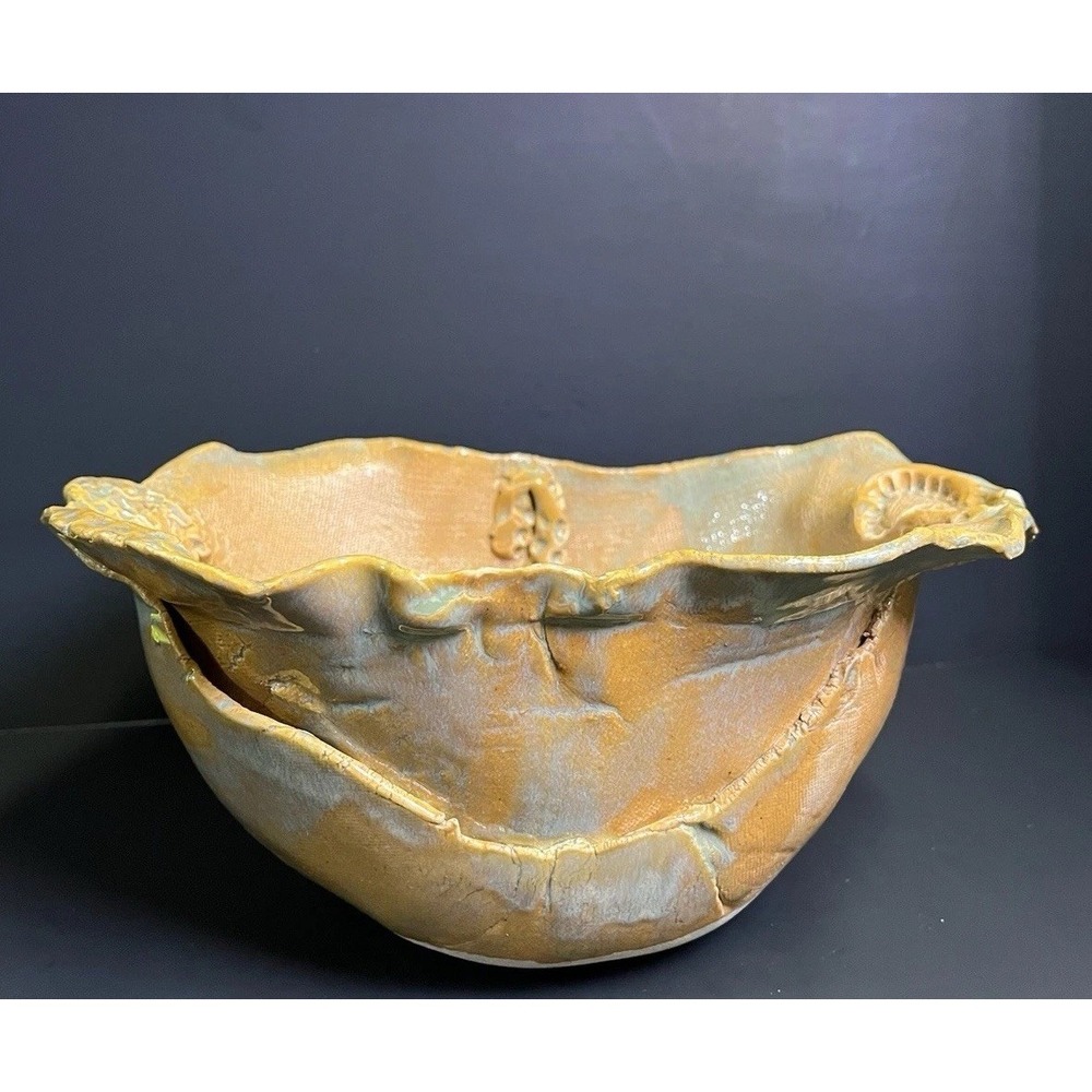 Handmade Wabi-Sabi Studio Pottery Ceramic Bowl Ochre Glaze Overlapping Pattern